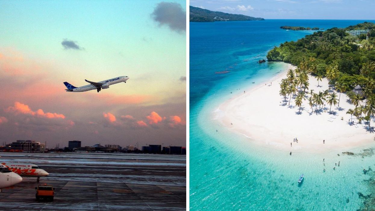 An Air Transat plane taking off. Right: A beach in Samana, Dominican Republic.