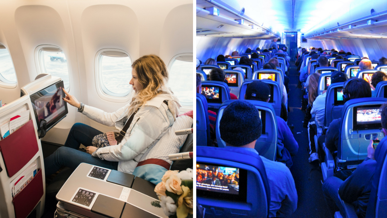 An airline passenger. Right: View from the back of an airplane.