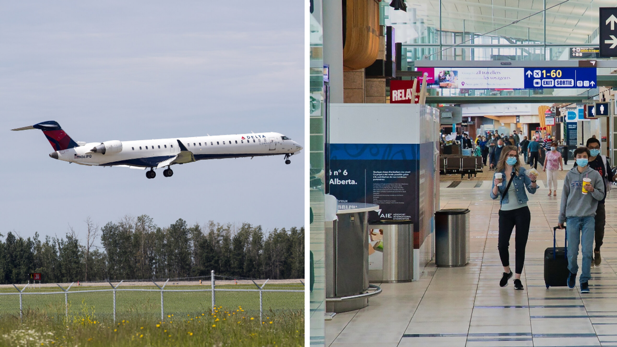 An airplane at Edmonton Airport. Right: Edmonton International Airport.