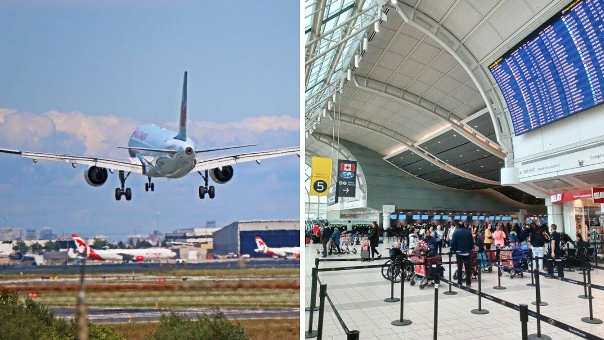An airplane landing on a runway at Toronto Pearson International Airport. Right: A busy check-in area inside Toronto Pearson with passengers lining up.