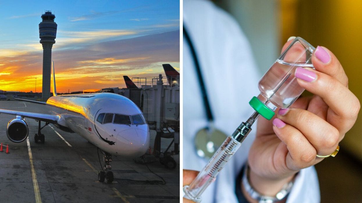 An airplane parked at the airport terminal at sunrise. Right: A doctor filling a syringe with a vaccine.