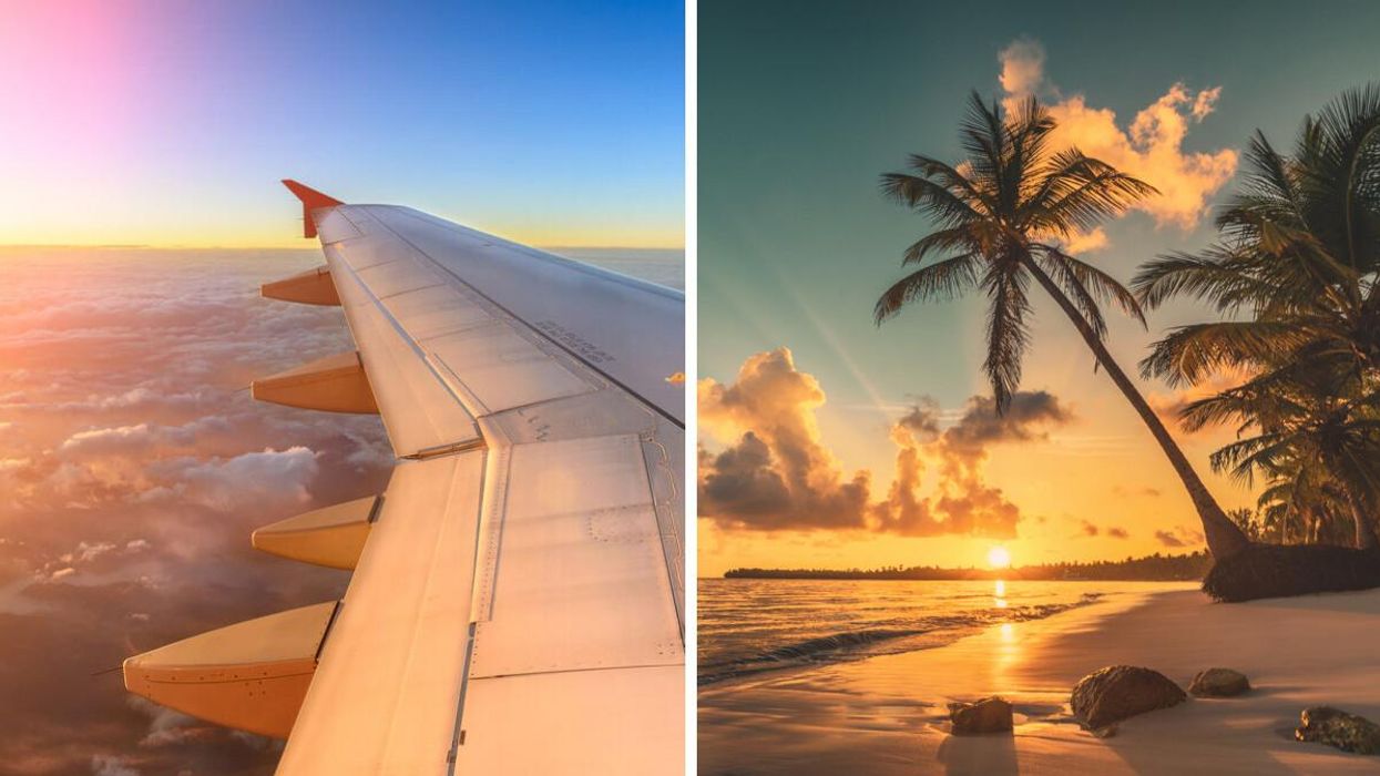 An airplane wing. Right: Sunset in Punta Cana.