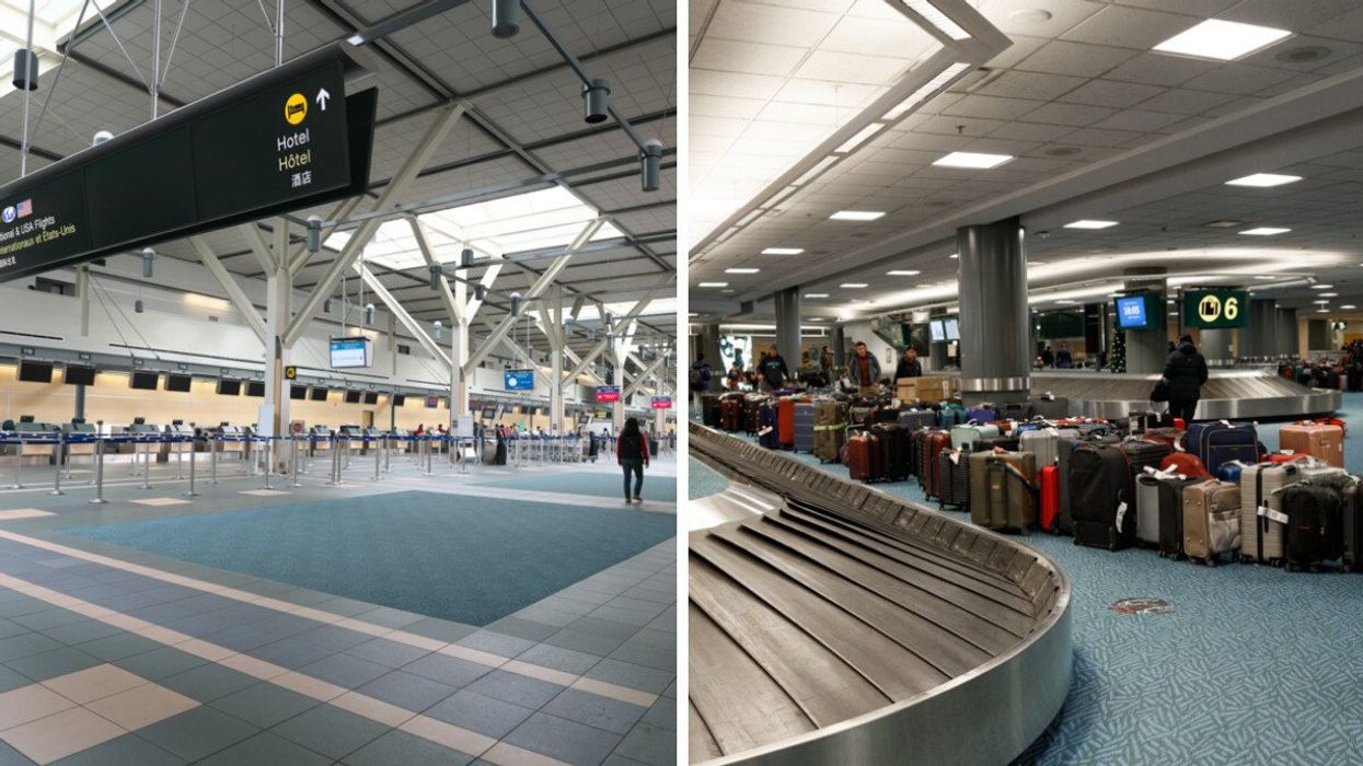 An airport. Right: Baggage claim at an airport.