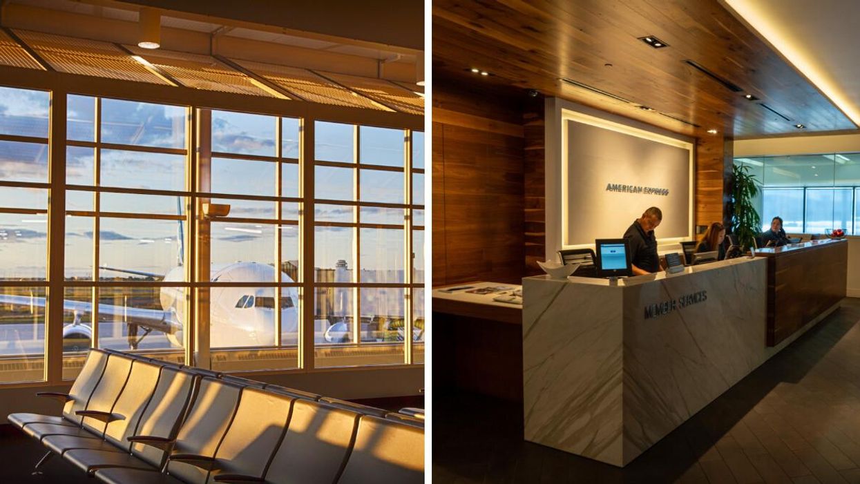 An airport terminal lounge. Right: Entrance of an American Express Centurion Lounge.