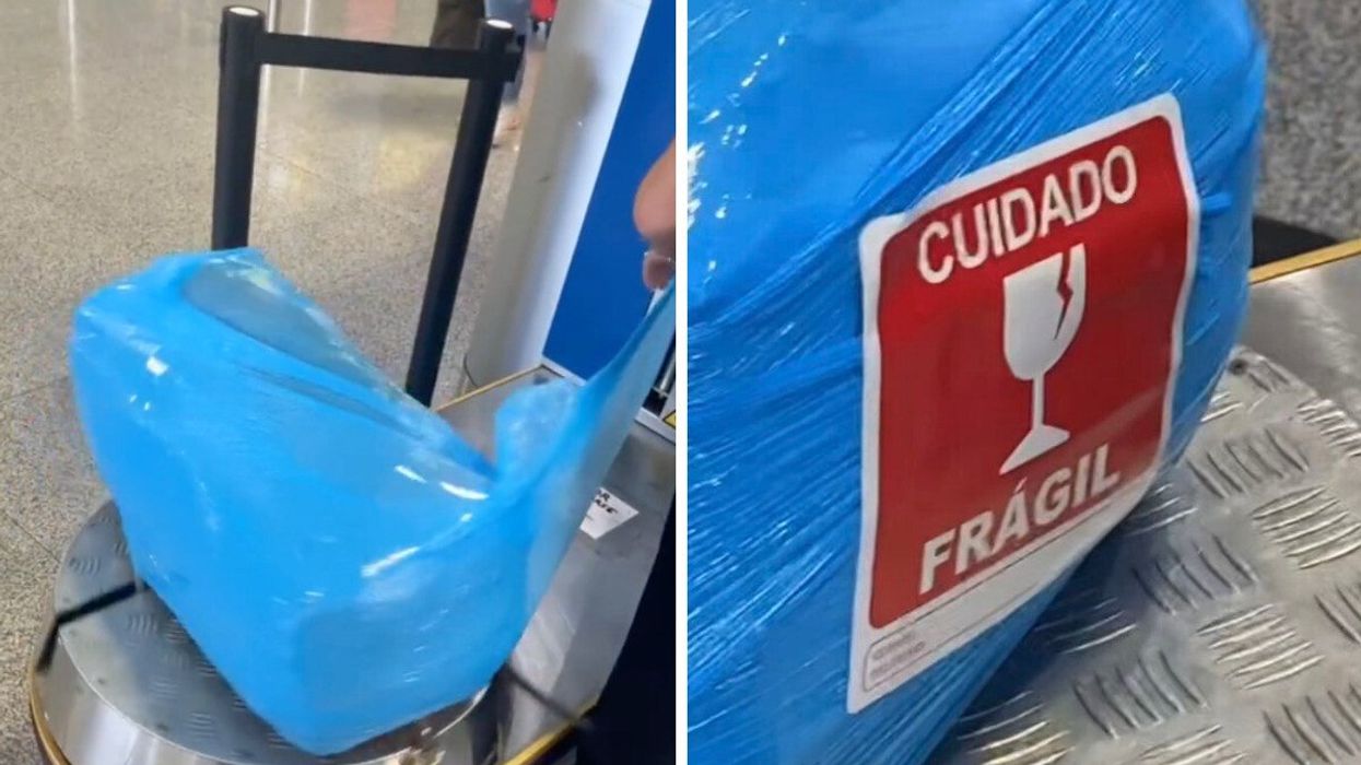 An airport worker wrapping the TikToker's luggage. Right: A sticker on the wrapped luggage.