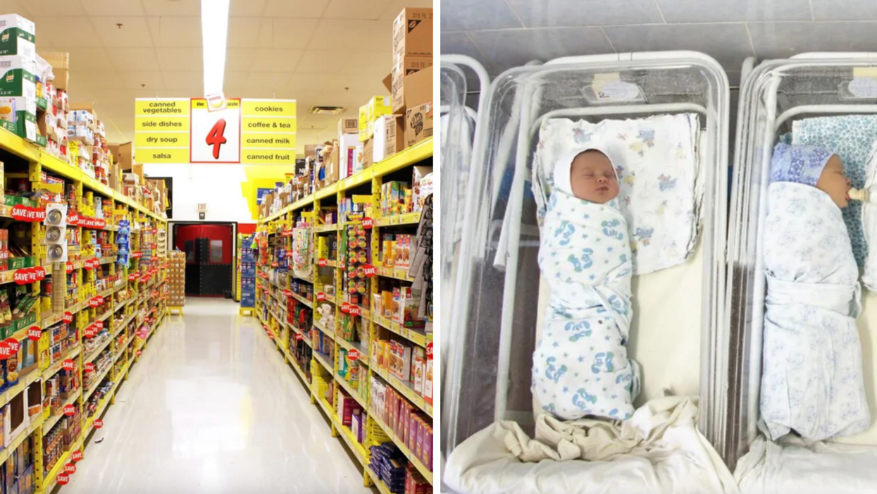 An aisle at a grocery store. Right: A row of newborn babies lie asleep in a hospital.