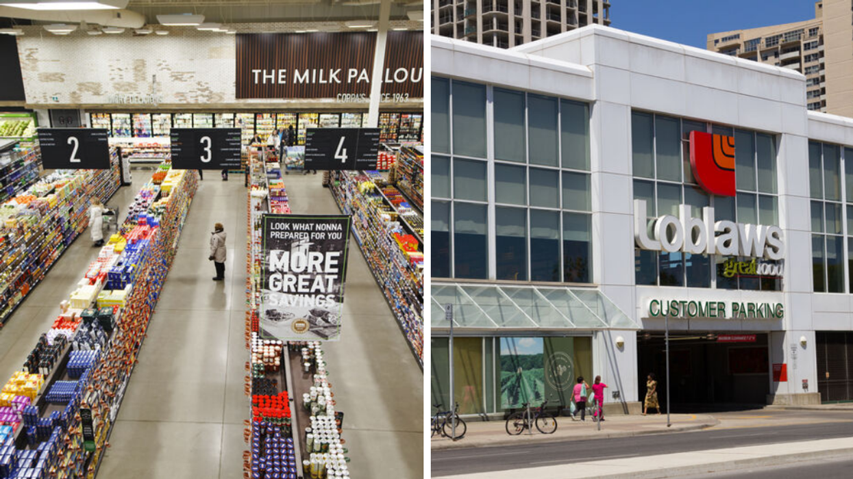 An aisle in a grocery store. Right: A Loblaws in Toronto.