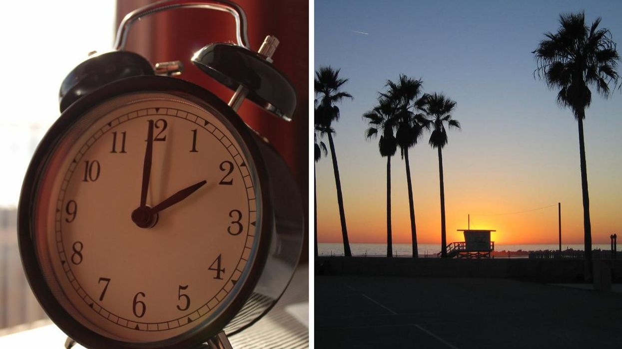 An alarm clock. Right: A sunset at Venice Beach, CA.