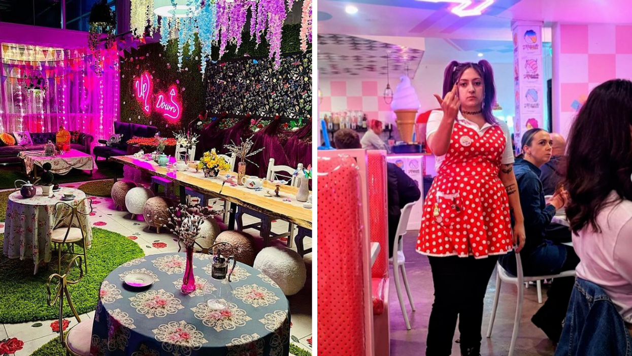 An Alice in Wonderland dining table setup. Right: A staff member at Karen's Diner.