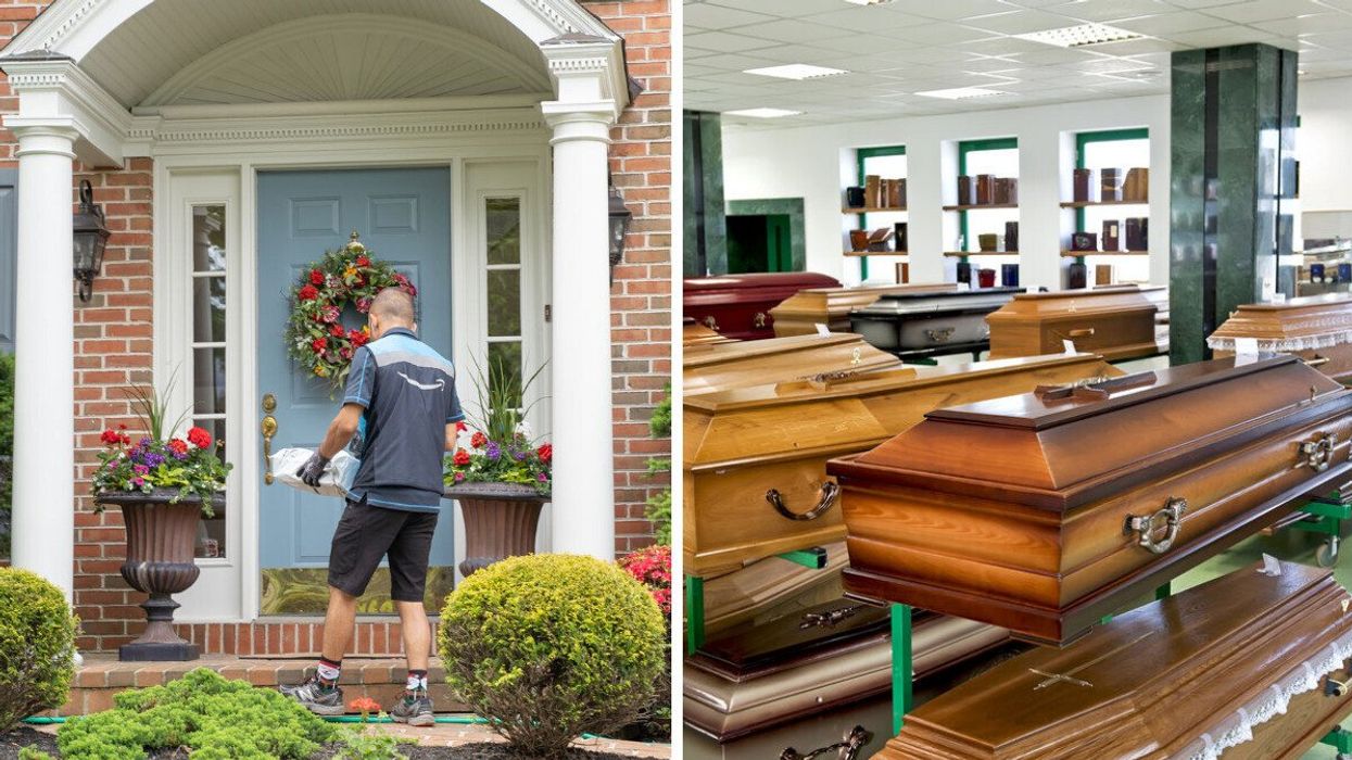 An Amazon driver delivering a package. Right: Caskets.