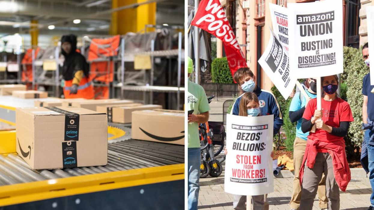 An amazon employee at an Amazon facility. Right: Amazon workers protesting.