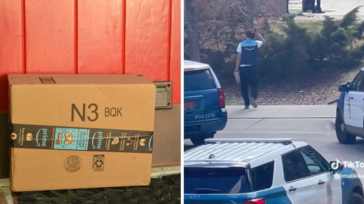 An Amazon package delivered to house. Right: The Amazon driver delivering a package during a police standoff.