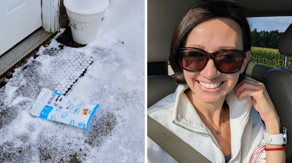 An Amazon package on a doorstep in the snow. Right: Alona Vasylieva smiles in a parked car.