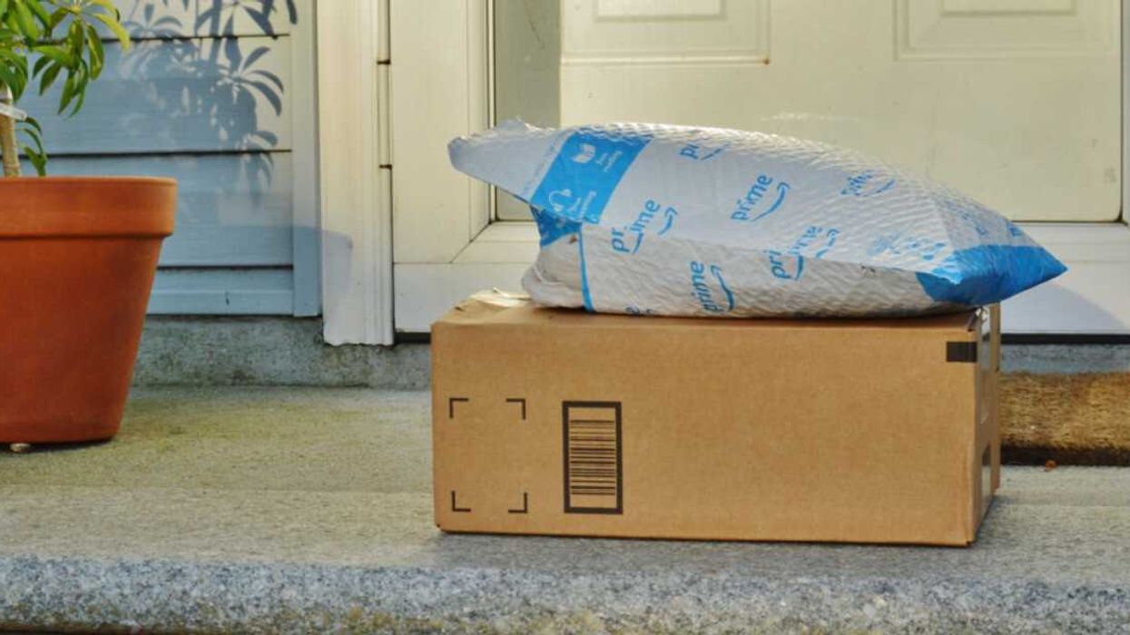 An Amazon package on a doorstep.