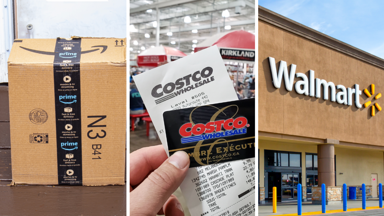 An Amazon Prime box. Middle: A Costco membership card and receipt. Right: A Walmart store.