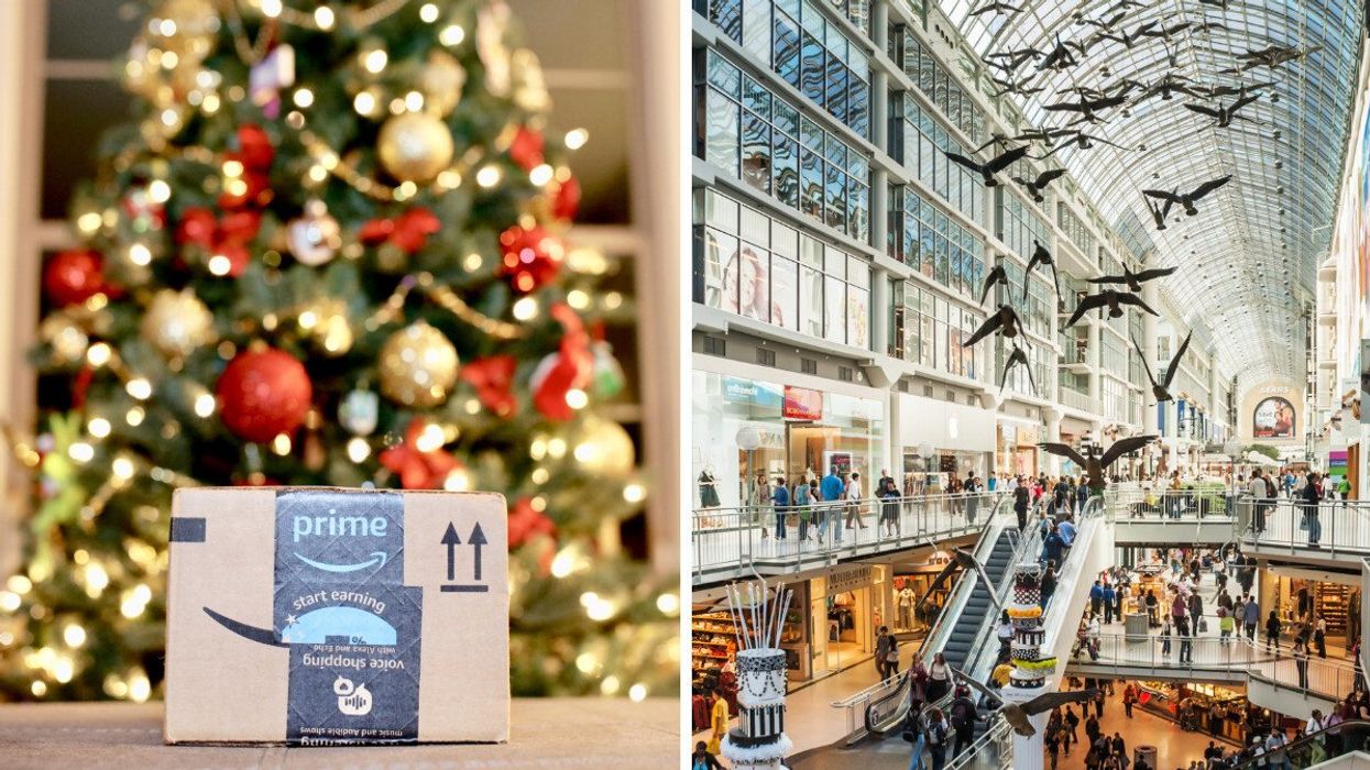 An Amazon Prime package. Right: Toronto's Eaton Centre.