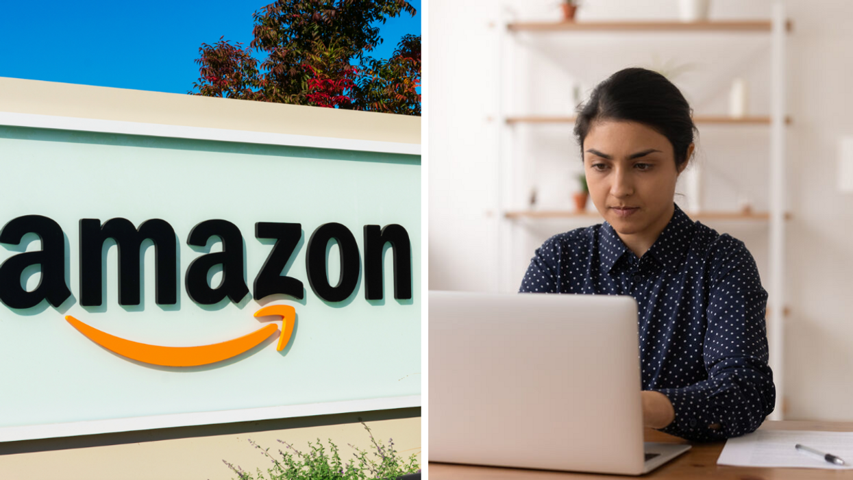 An Amazon sign. Right: A remote employee working on a laptop.