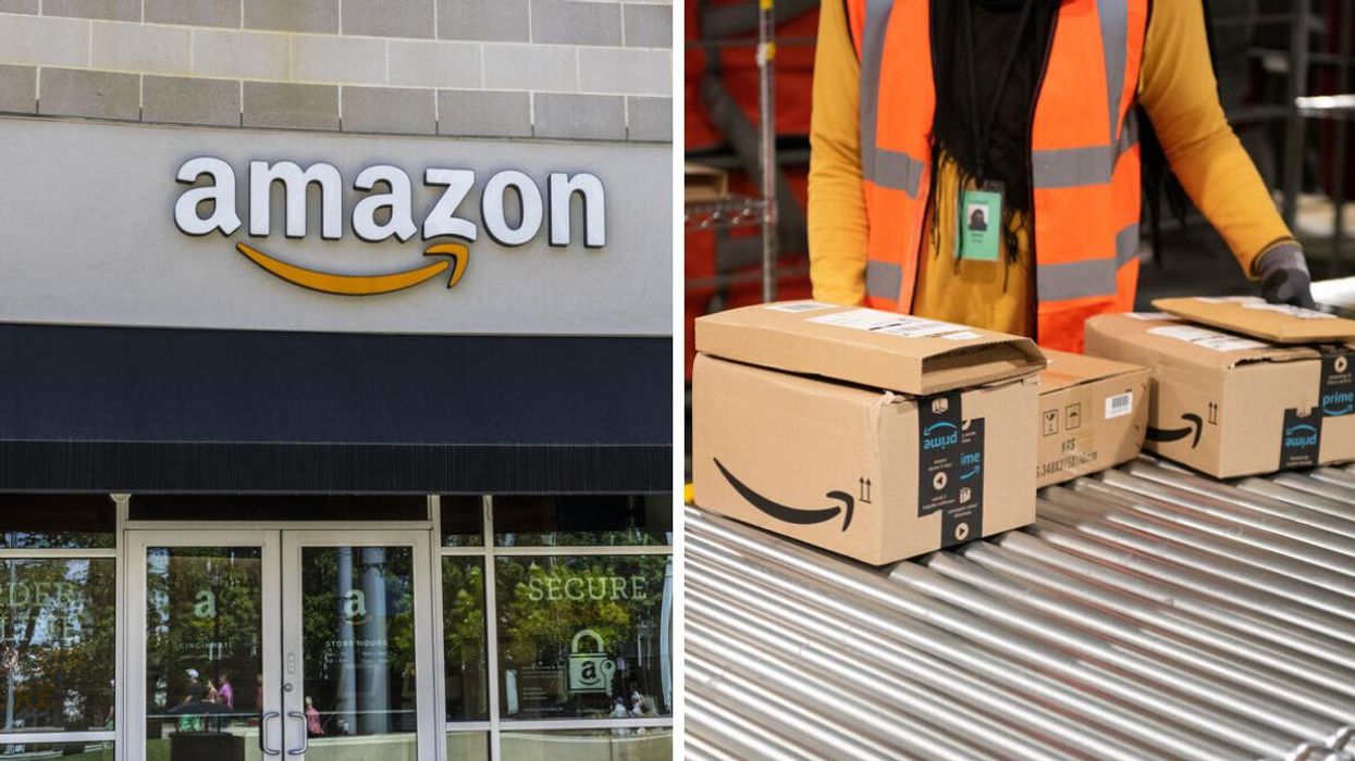 An Amazon sign. Right: Amazon packages.