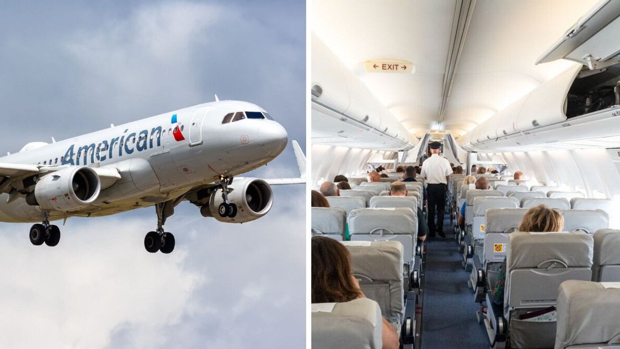 An American Airlines plane. Right: Passengers on a flight.