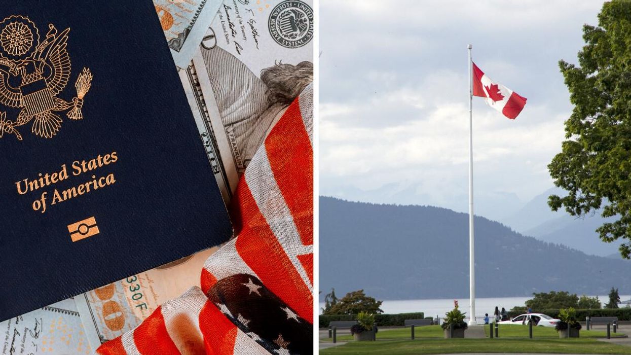 An American passport. Right: A Canadian flag.