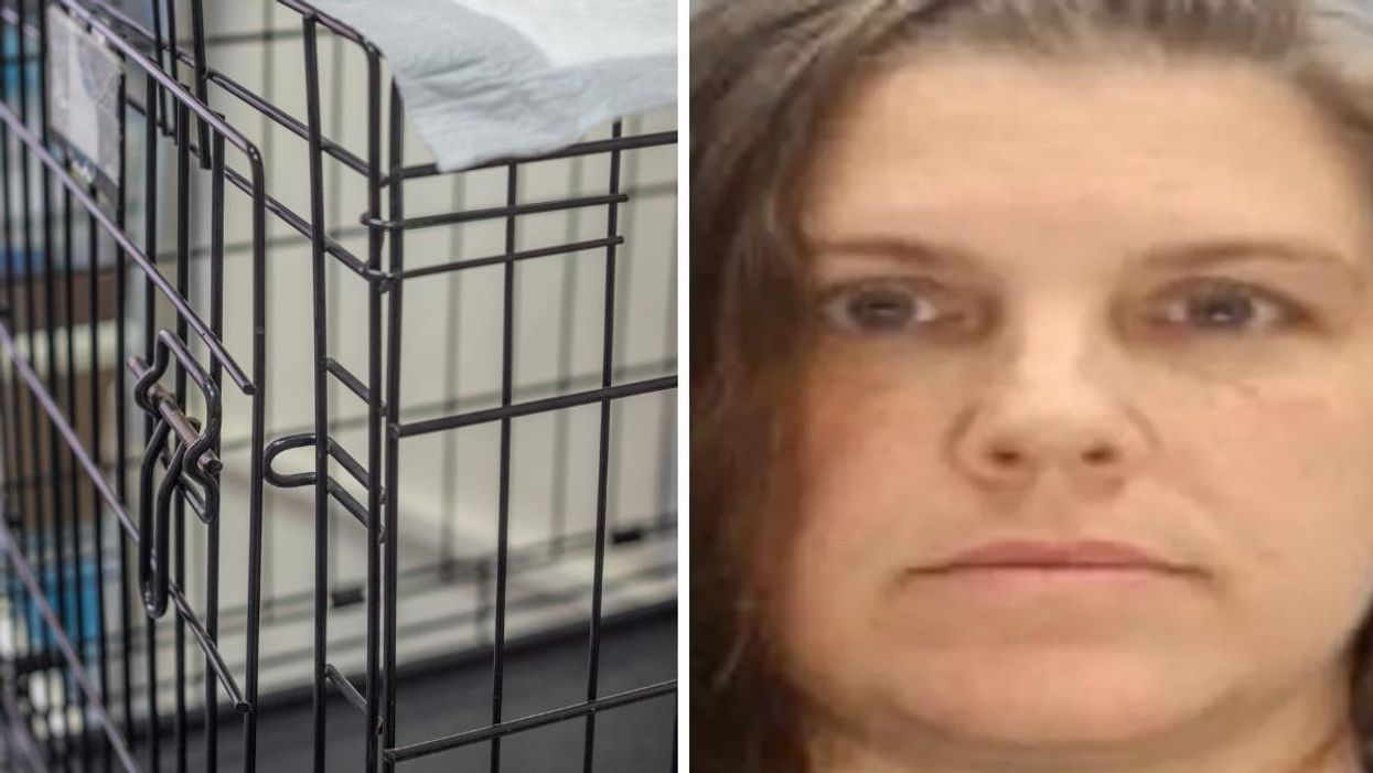An animal cage. Right: mugshot of Caroline Dawn Pennington.