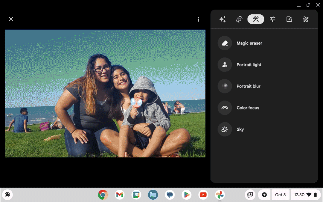 An animated GIF demonstrating The Magic Eraser select and remove people and objects in the background of a family photo.