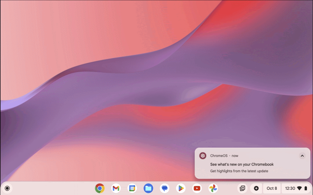An animated GIF showing a notification about new updates on the desktop of a Chromebook.