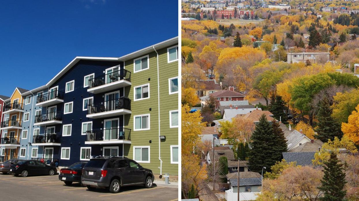 An apartment building in Lloydminster, Alberta. Right: A neighbourhood in Edmonton, Alberta.