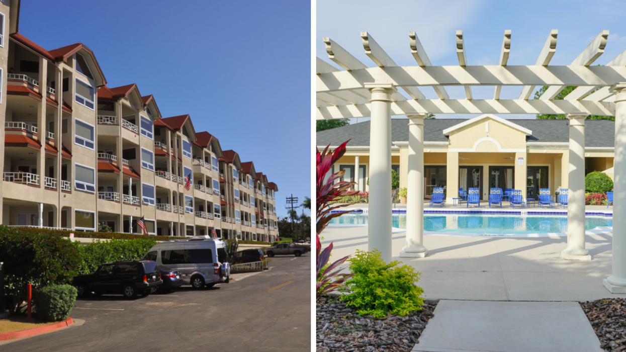 An apartment building in West Palm Beach. A swimming pool in Tampa.
