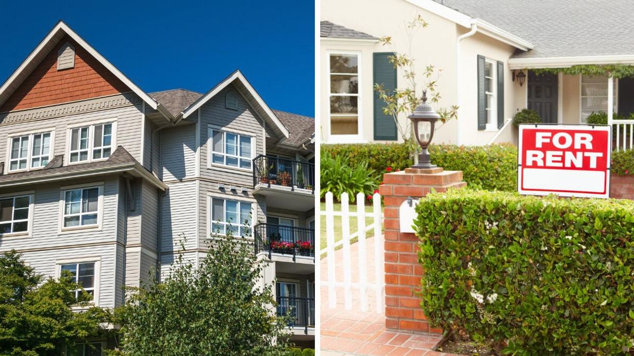 An apartment building. Right: A home with a 'For Rent' sign.