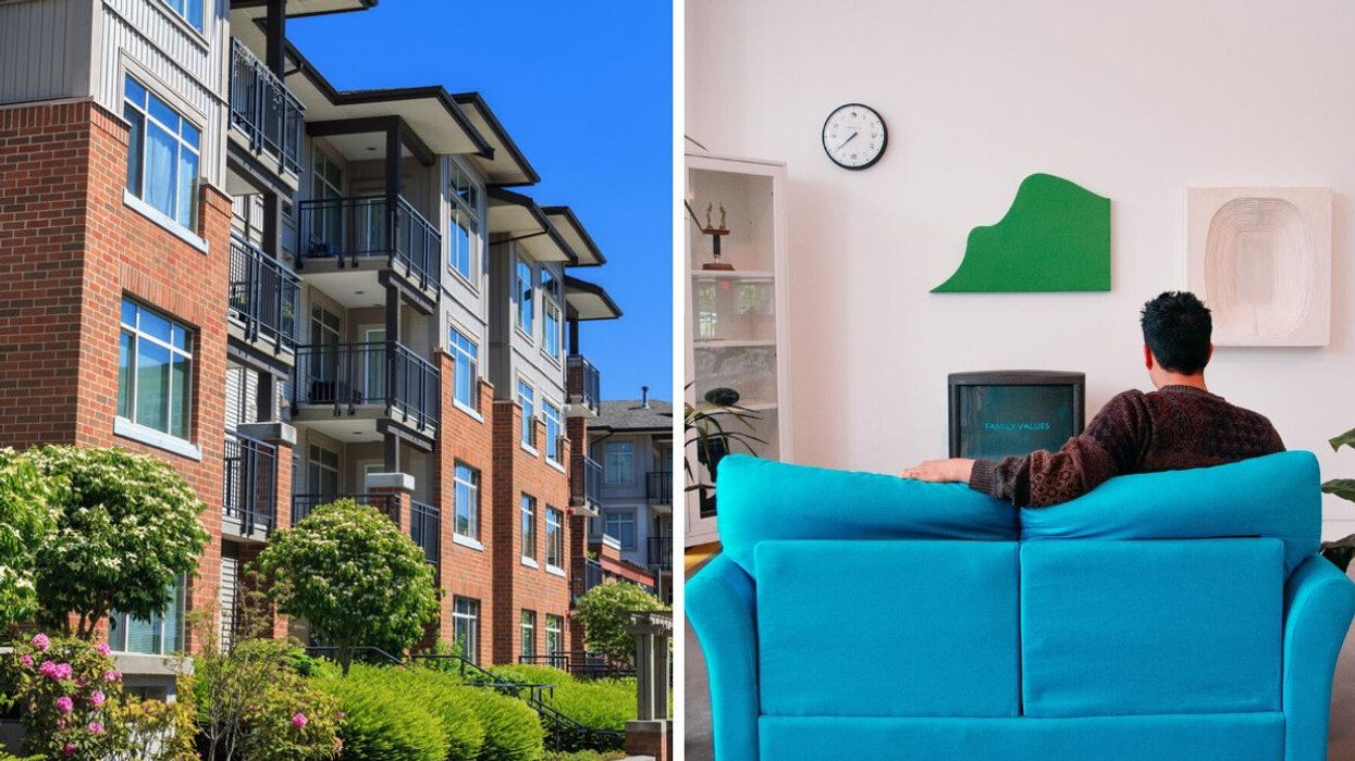 An apartment building. Right: A man watching TV in a house.