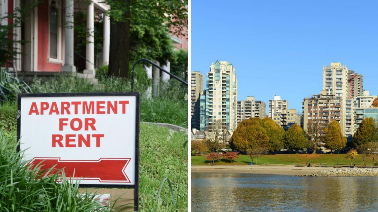 An 'Apartment For Rent' sign. Right: Apartment buildings in Vancouver.