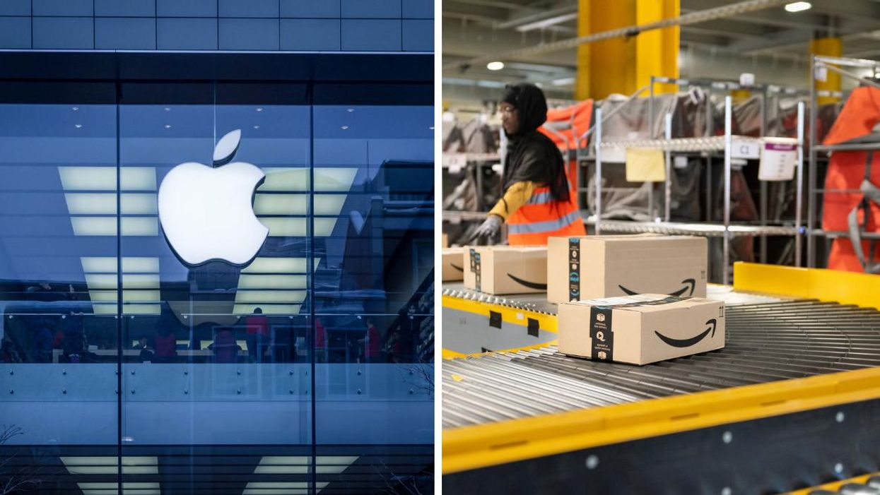 An Apple store exterior. Right: An Amazon warehouse.