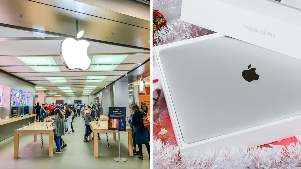 An Apple store. Right: An Apple MacBook.