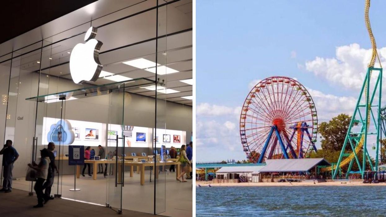 An Apple store. Right: Cedar Point Amusement Park in Sandusky, Ohio.