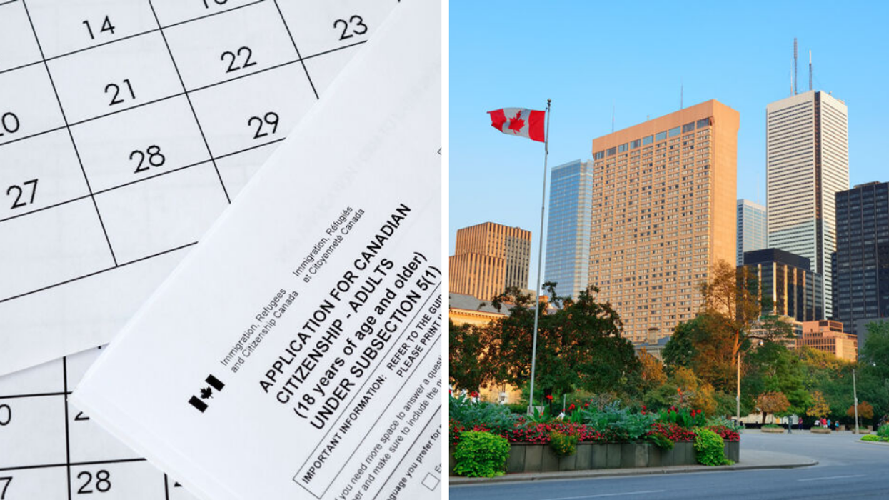 An application for Canadian citizenship. Right: Toronto street view with a Canadian flag.