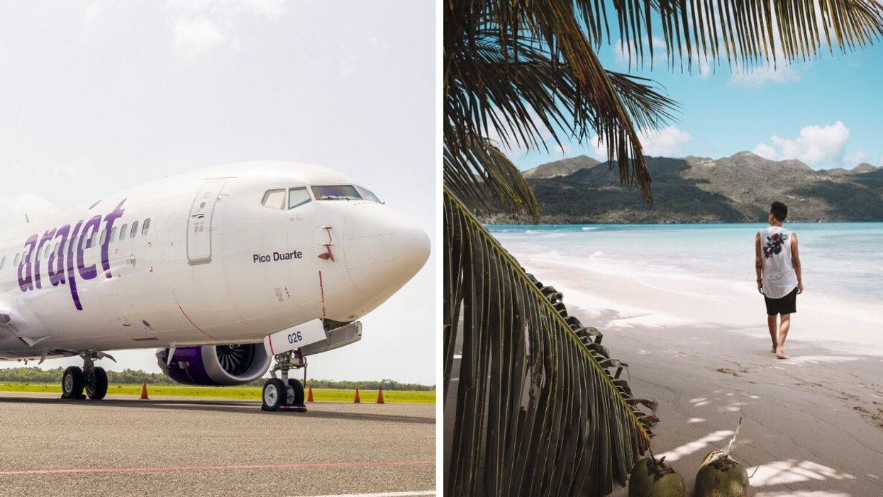An Arajet airplane. Right: Someone on a beach in the Dominican Republic