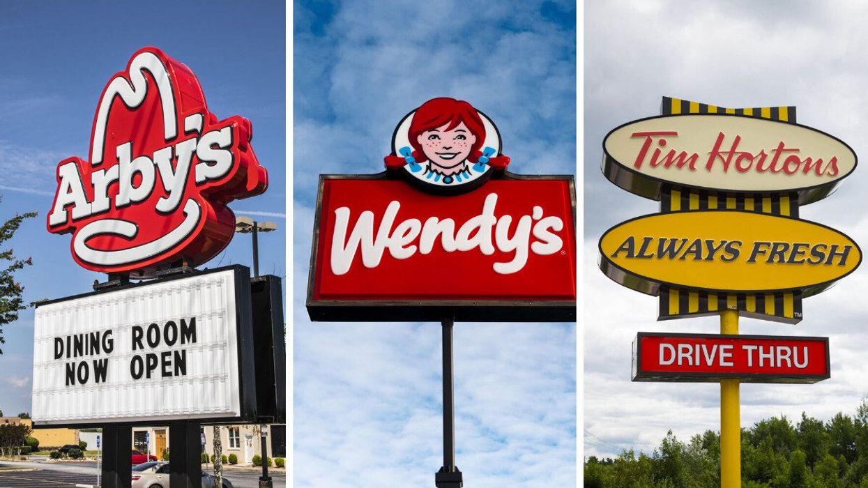 An Arby's sign. Middle: A Wendy's sign. Right: A Tim Hortons sign.