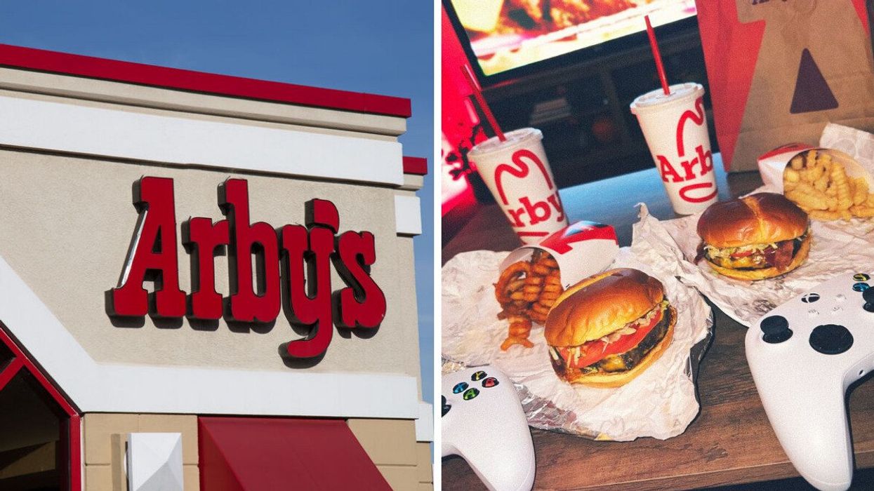 An Arby's sign. Right: Two of the new burgers from Arby's.