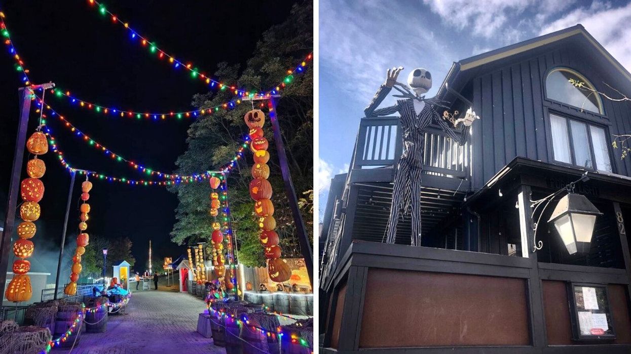 An archway of jack-o-lanterns. Right: Jack Skellington on a building.