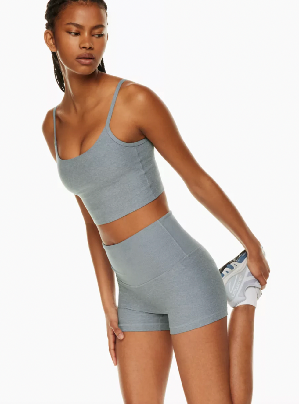 An Aritzia model wearing the Chill Atmosphere Hi-Rise 5' Short.