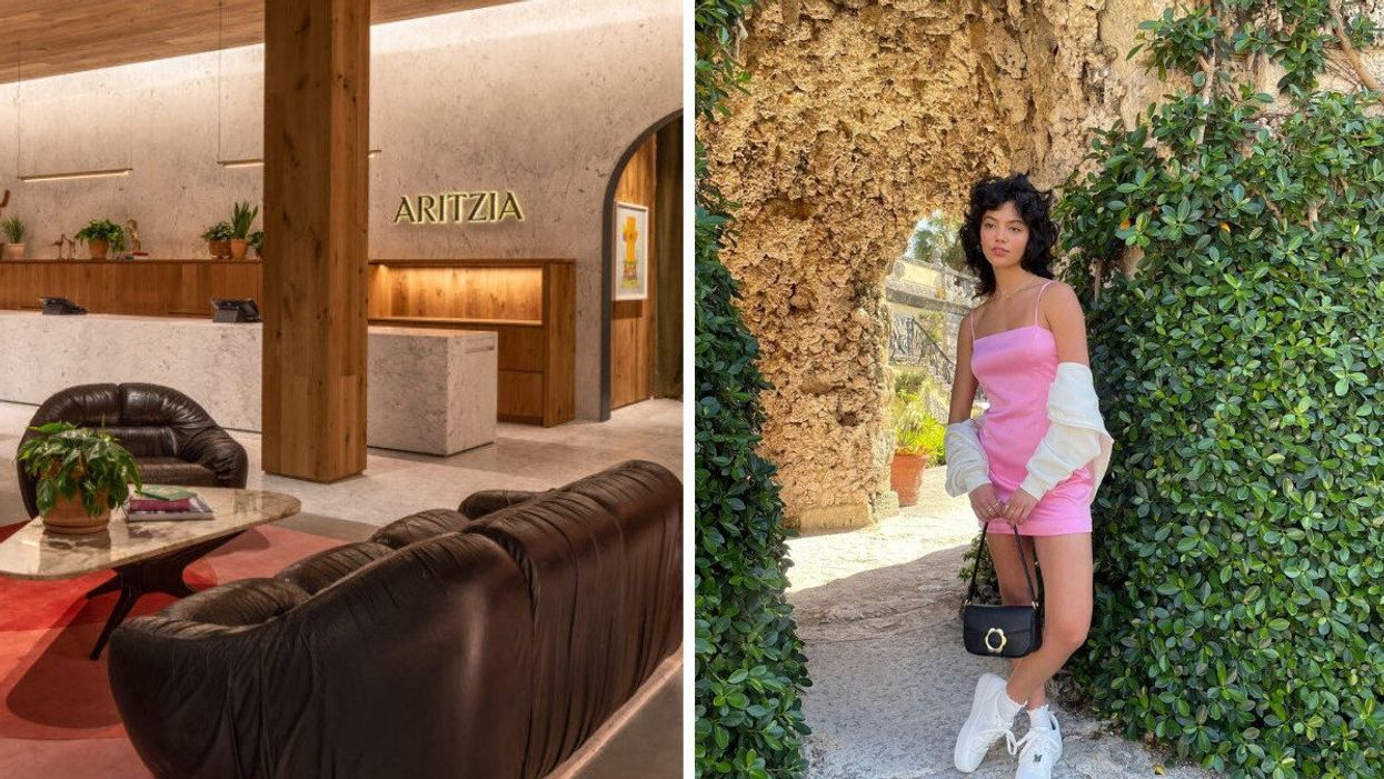 An Aritzia store. Right: A woman wears an Ardene dress.