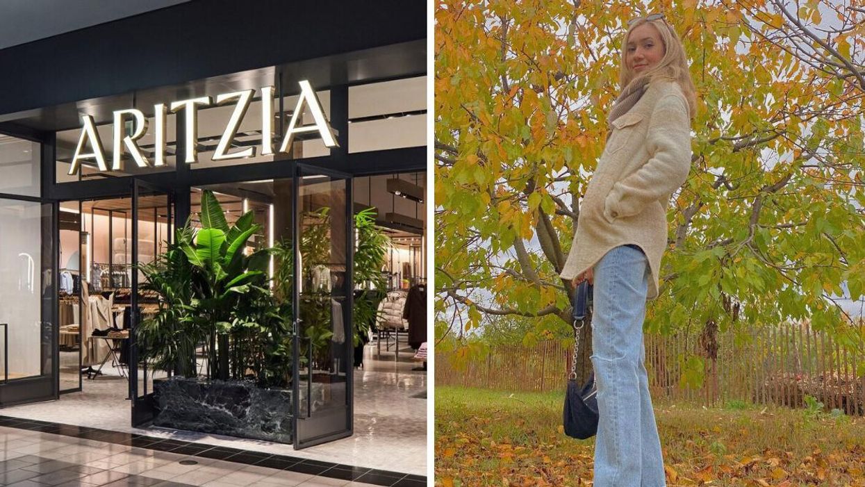 An Aritzia store. Right: Katherine Caspersz wearing Aritzia denim.