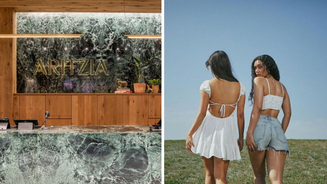 An Aritzia store. Right: Women wear clothing from Garage.