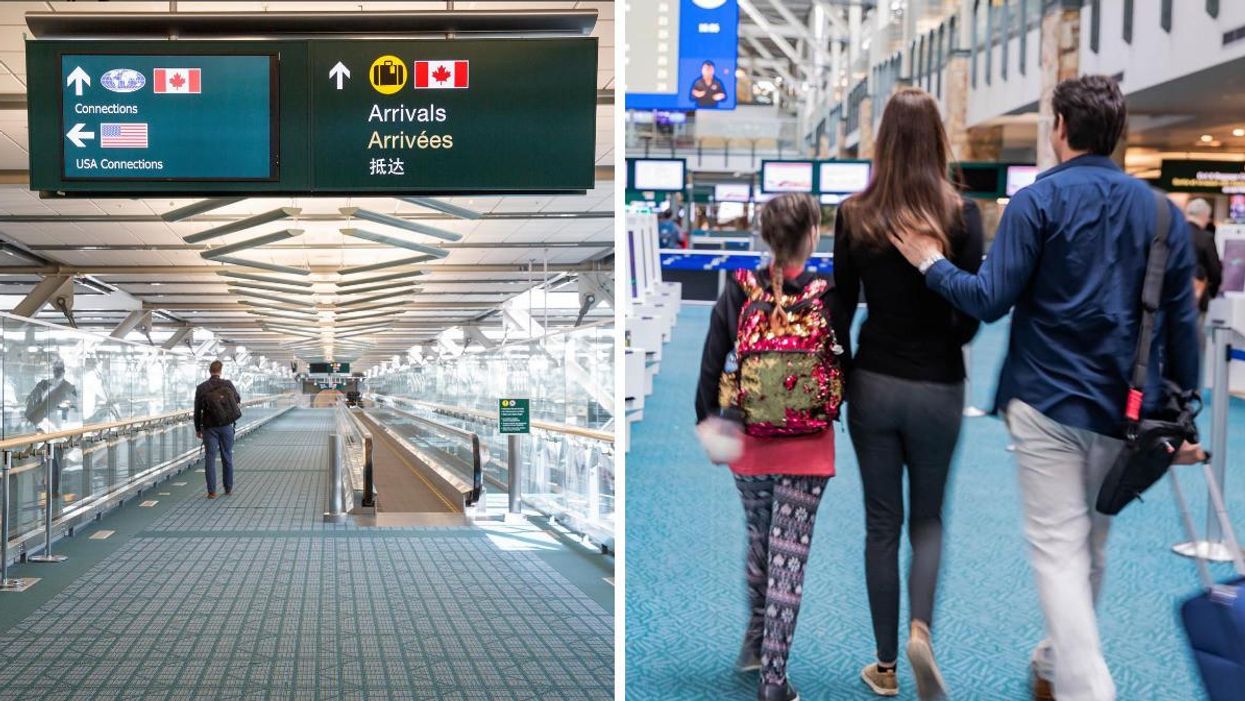 An "arrivals" sign in an airport. Right: Two parents walking through an airport with a child.