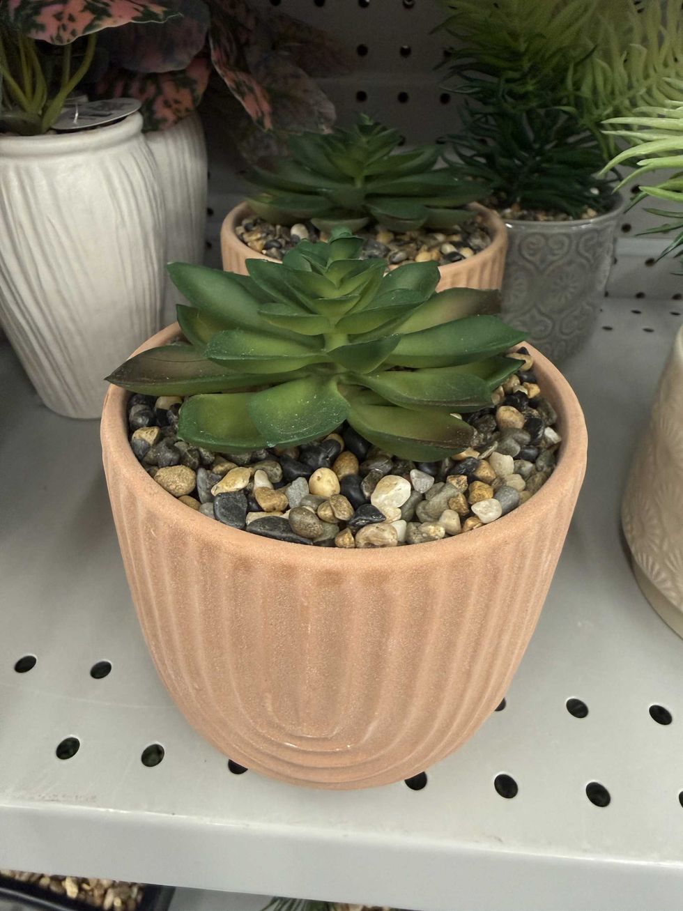 An artificial succulent with rocks in a pot on a store shelf.