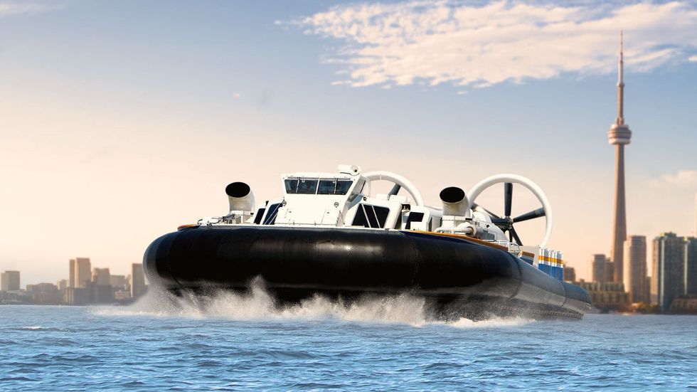 An artist's impression of a hovercraft going over Lake Ontario with CN Tower in the background.