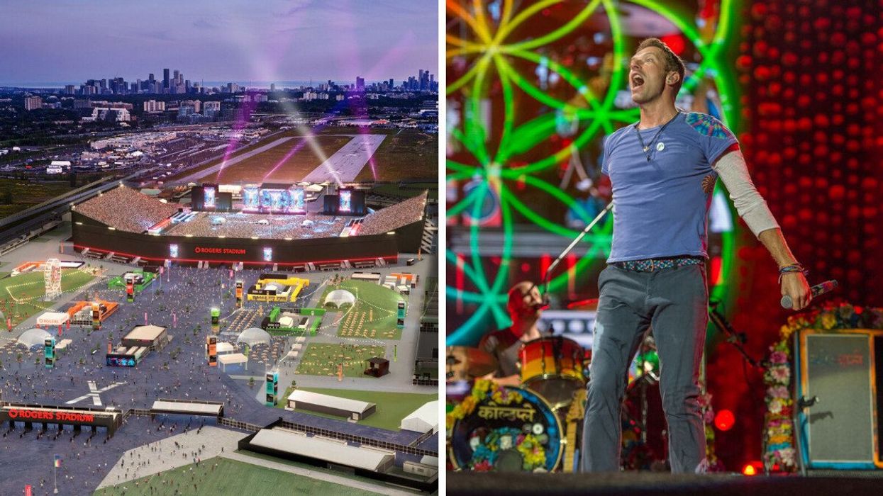An artist's impression of the new Rogers Stadium. Right: Chris Martin of Coldplay.
