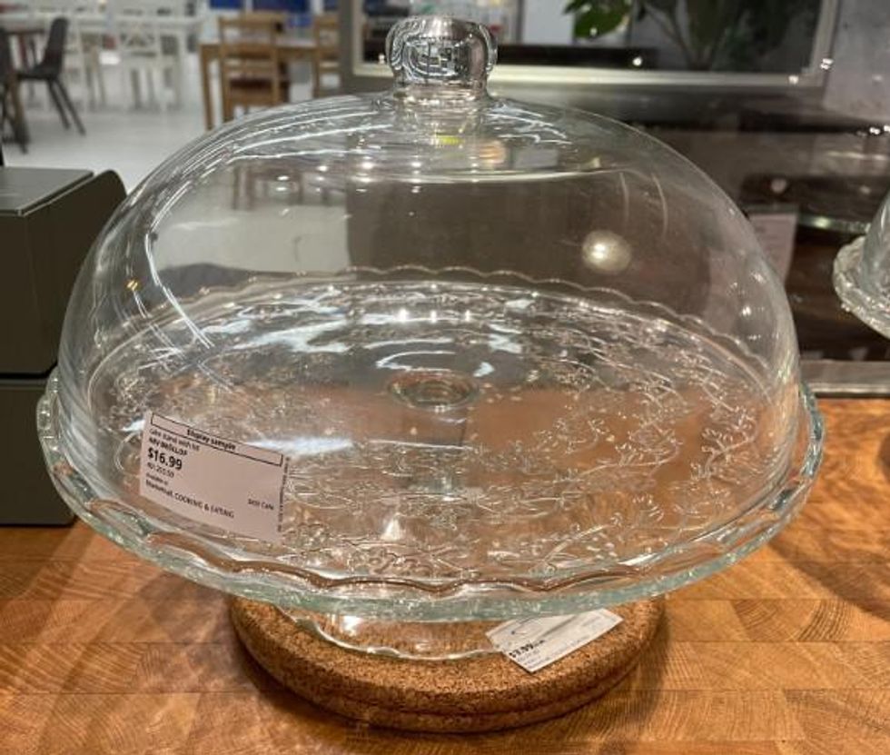 An ARV BR\u00d6LLOP glass cake stand in an IKEA kitchen display.