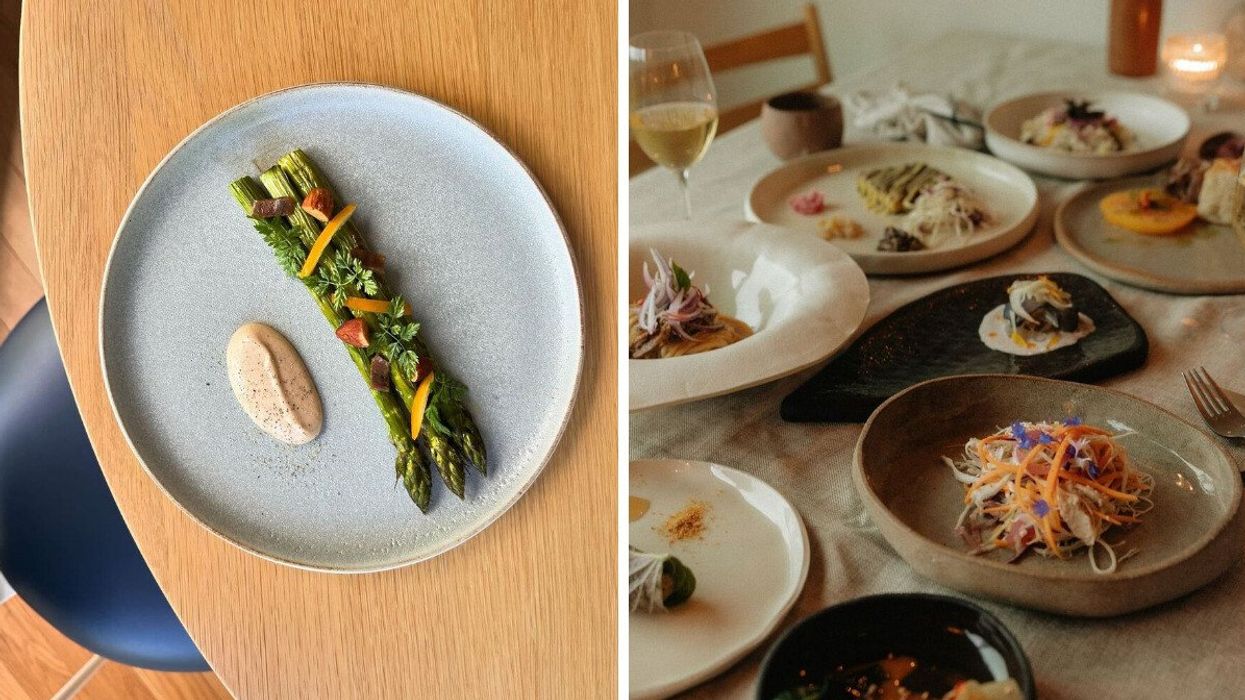 An asparagus dish from Sabayon in Montreal. Right: Various dishes from Maison de Soma in Mont-Tremblant.